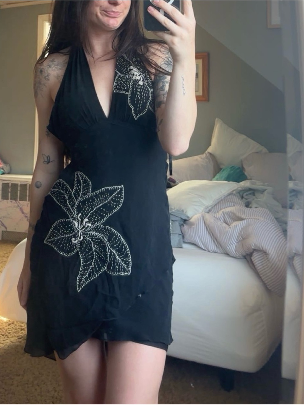 BCBGMaxAzria Black Silk Top with Subtle Logo Trim